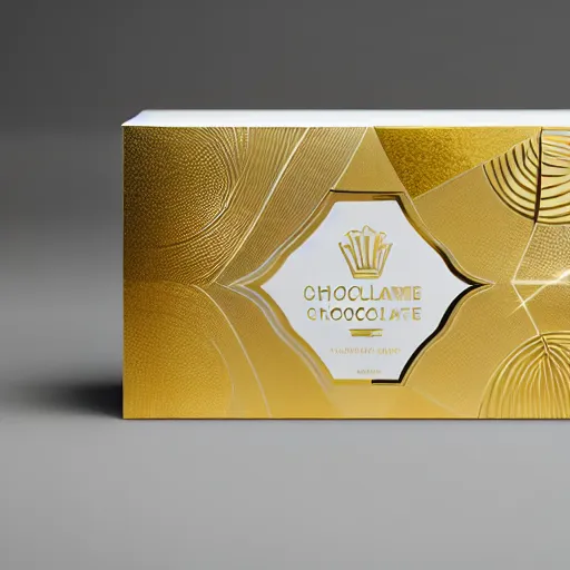 Prompt: white and gold chocolate paperboard packaging, ultrarealistic, smooth, sharp focus, great light,