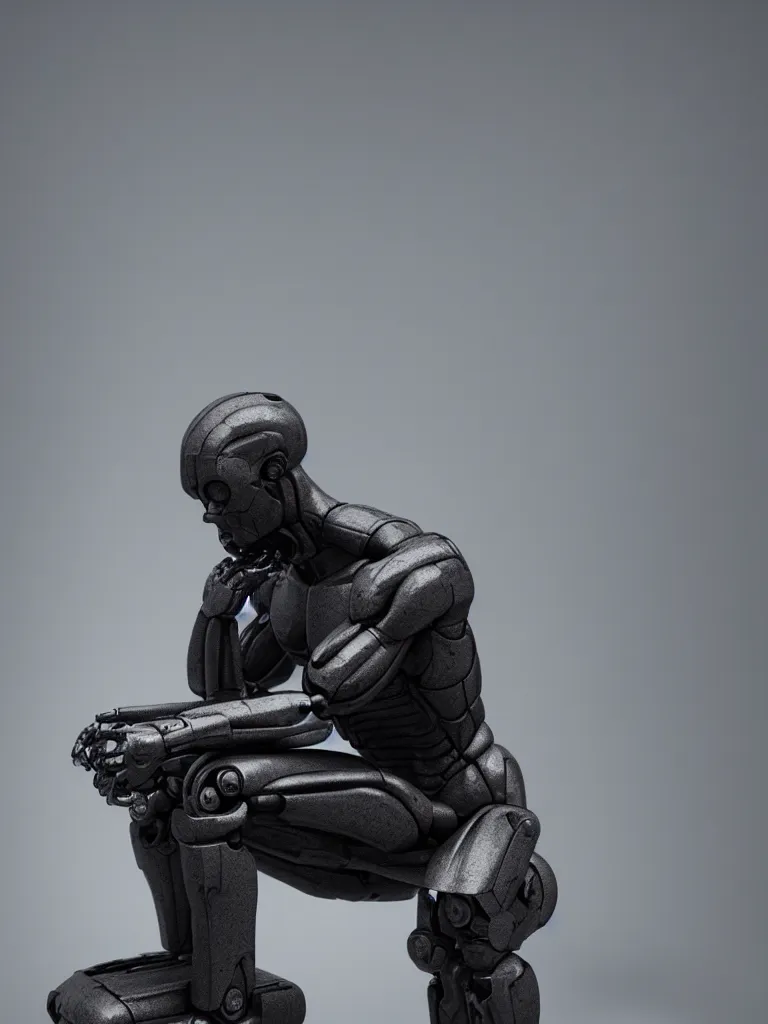 Prompt: the thinker sculpture as an I Robot, smoke background, by mario feng, skulls, ray tracing, master shot, octane render, 8k, ultra hd, perfect light