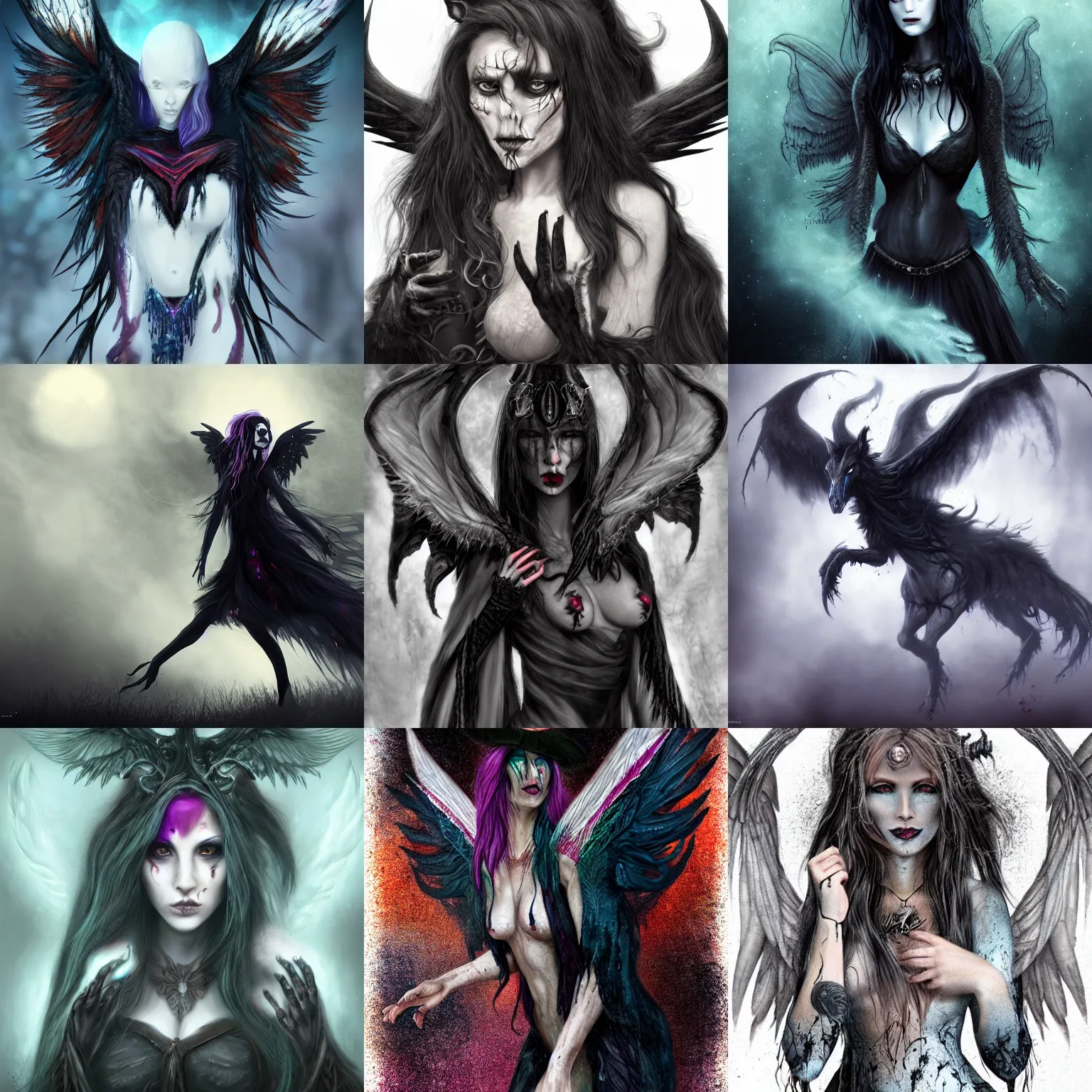 Prompt: fear, mystic, 8 k, trending on deviantart, highly detailed, leader, scarred, 1 0 8 0 s, digital art, full of color, official photo of a majestic witch with a black hands and hooves and white wings, cinematic, hyper detailed