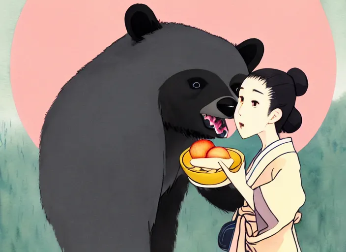 Prompt: water color painting of a girl wearing a kimono giving a peach to a large anthropomorphic asian black bear, featured in artstation, artgerm, octane render, award winning, cinematic, elegant, intricate, 8 k, close up, in the style of studio ghibli and heikala and alphonse mucha,