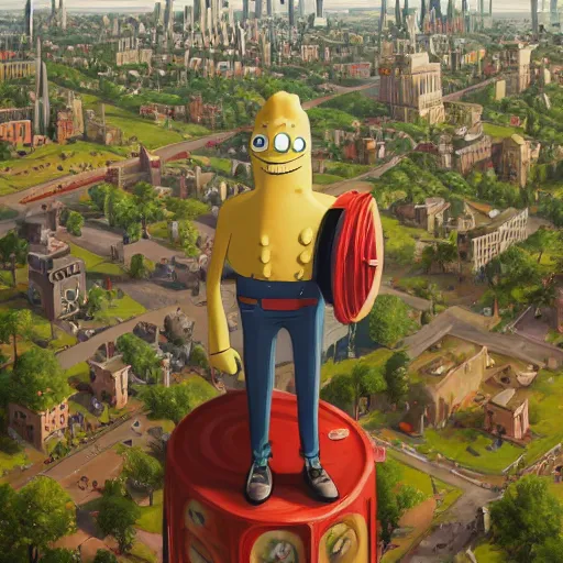 Prompt: giant 2 1 savage from the perspective of spongebob stands over city by simon stalenhag, d & d, fantasy, digital painting, unreal engine 5, photorealism, hd quality, 8 k resolution, cinema 4 d, 3 d, cinematic, professional photography, art by artgerm and greg rutkowski and alphonse mucha and loish and wlop