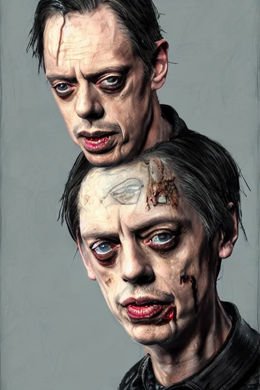 Image similar to Steve buscemi as a young man, shaved head, punk, tattered leather coat, intricate, elegant, dramatic lighting, highly detailed, lifelike, photorealistic, digital painting, artstation, illustration, concept art, smooth, sharp focus, art by John Collier and Albert Aublet and Krenz Cushart and Artem Demura and Alphonse Mucha