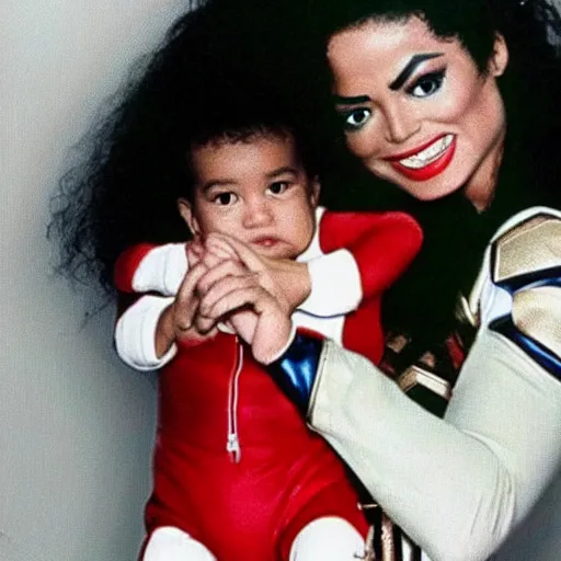 Image similar to michael jackson in a wonderwoman suit holding a baby