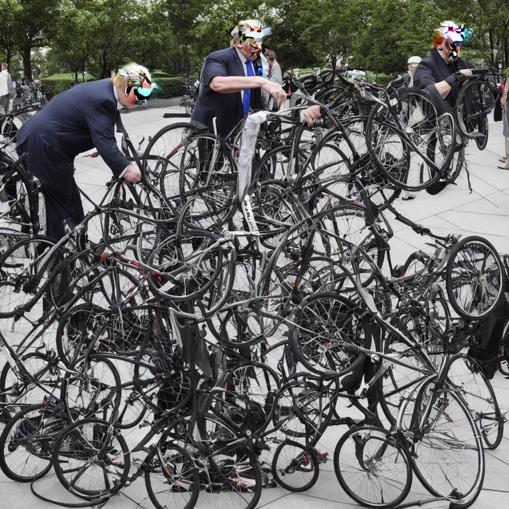 Prompt: trump repairs one bicycle outside the white house