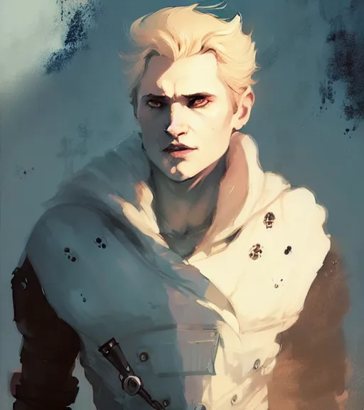 Image similar to portrait of cullen from dragon age with a beautiful woman he loves by atey ghailan, by greg rutkowski, by greg tocchini, by james gilleard, by joe fenton, by kaethe butcher, dynamic lighting, gradient light blue, brown, blonde cream and white color scheme, grunge aesthetic