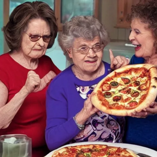 Image similar to grandmas fighting over who can eat the pizza