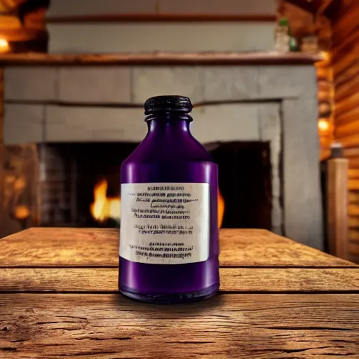 Image similar to an old - fashioned bottle of purple ink on a wooden table in a dim cabin, fireplace in the background, depth of field, 8 k award - winning photography