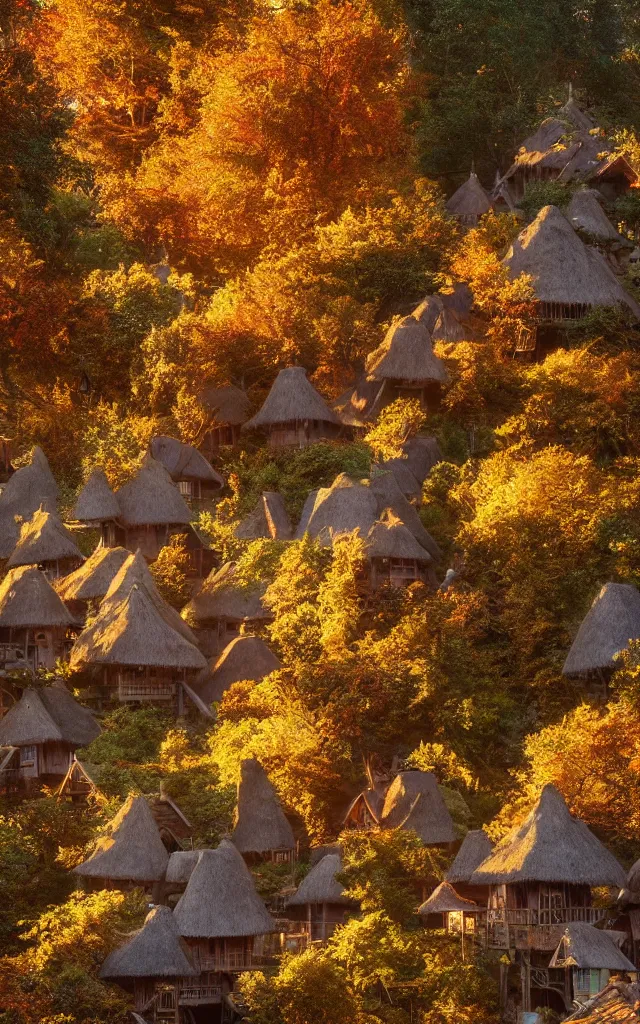 Image similar to a village full of tree houses with wooden ladders and thatched roofs, nestled in a forest, golden hour, autumn leaves, realistic high quality art digital art trending on artstation