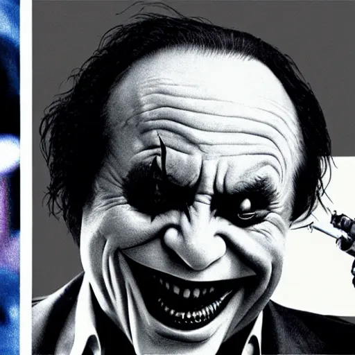 Image similar to Danny Devito as The Joker, still image from Batman movie, shot of face