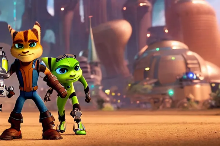 Prompt: ultra realistic live action film still of ratchet and clank in the new sci - fi movie