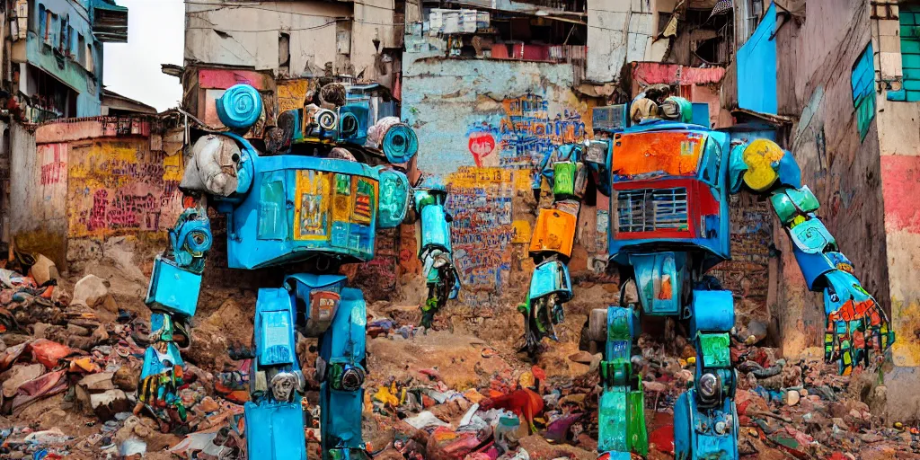 Prompt: colourful but damaged giant mecha ROBOT of AJEGUNLE SLUMS of Lagos, markings on robot, Golden Hour,