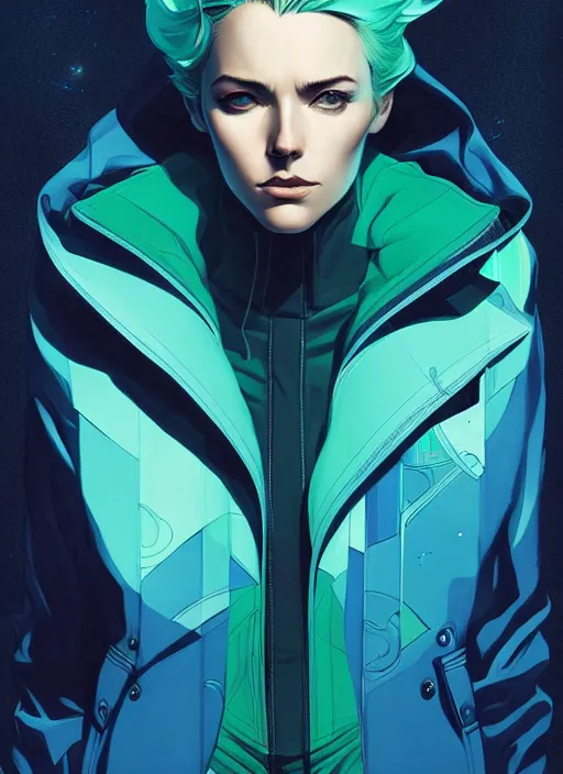 Image similar to style artgerm, joshua middleton, clint eastwood with green overcoat, blue hair, swirling water cosmos, symmetrical face, symmetrical eyes, cyberpunk, cinematic lighting