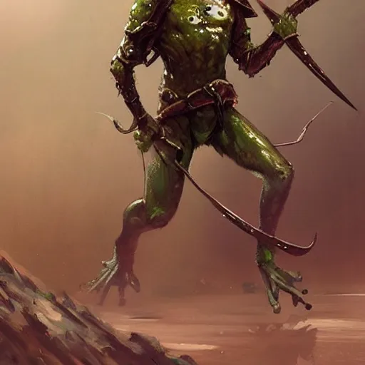 Image similar to A frog warrior, walking on stilts, by greg rutkowski, in the style of magic the gathering