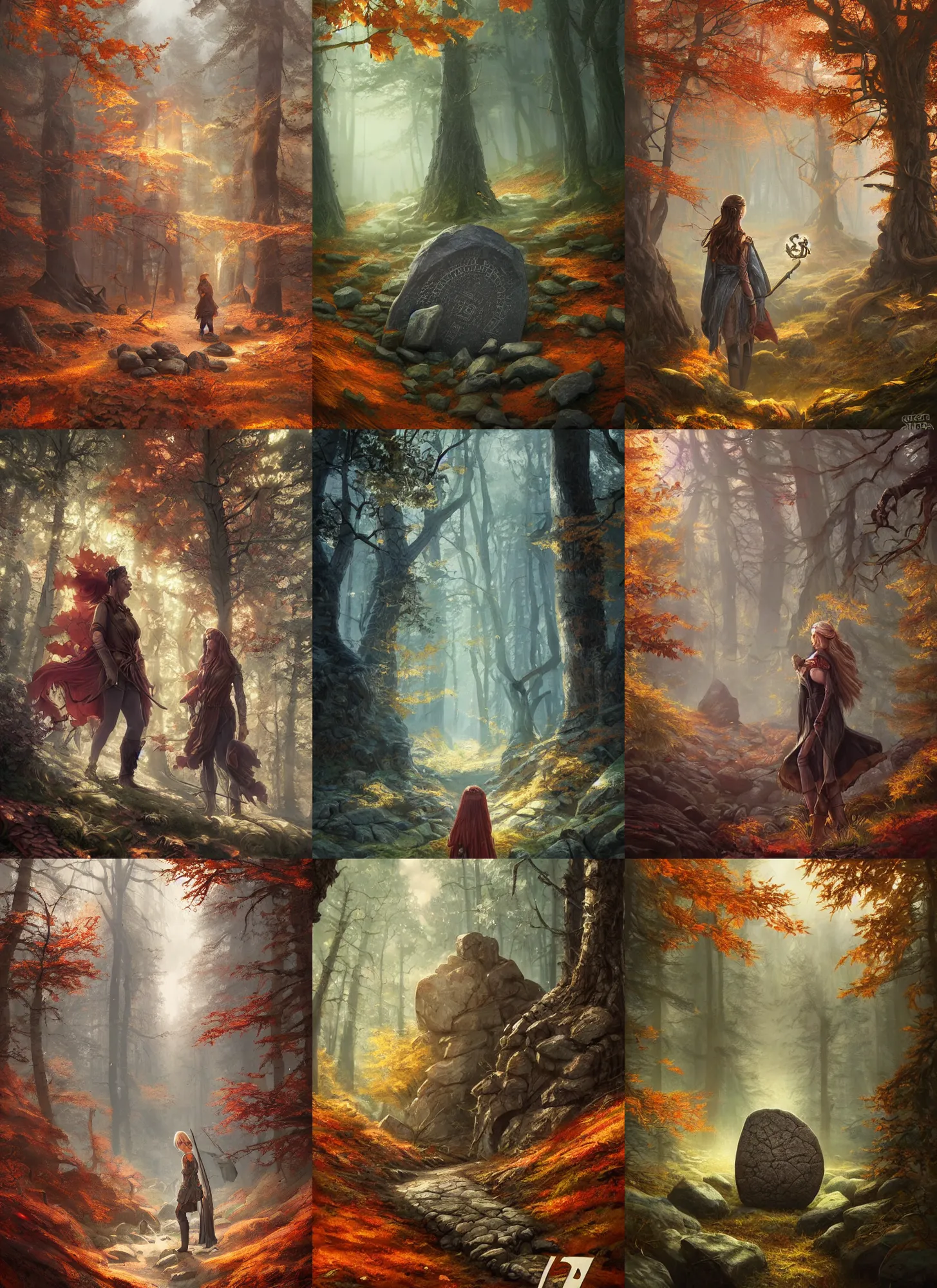 Prompt: runestones in autumnal forest, d & d, fantasy, portrait, highly detailed, digital painting, trending on artstation, concept art, sharp focus, illustration, art by artgerm and greg rutkowski and magali villeneuve