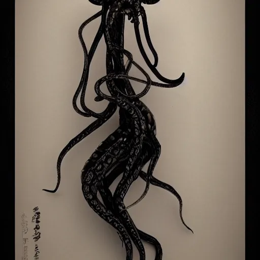 Image similar to eerie asian female elf made of nacre, lovecraftian black smoky tentacles growing, octane rendering