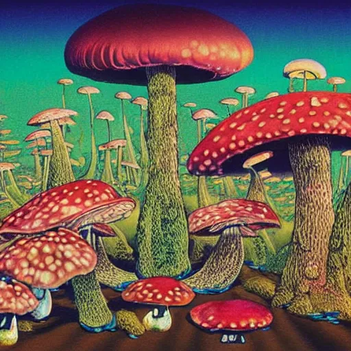 Image similar to a japanese psychedelic love goddess, a sense of awe, offering mushrooms, illustration, slime, amanita - muscaria, elegant, hyper realistic, super detailed, by tadanori yokoo