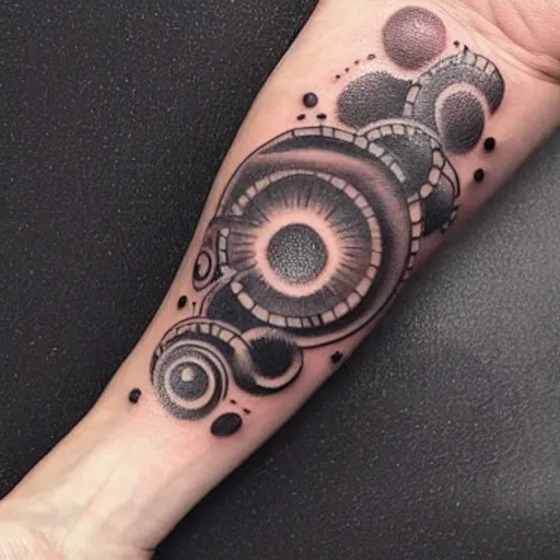 Image similar to a small black tattoo based on the universe on the arm, whole tattoo, realistic, very detailed