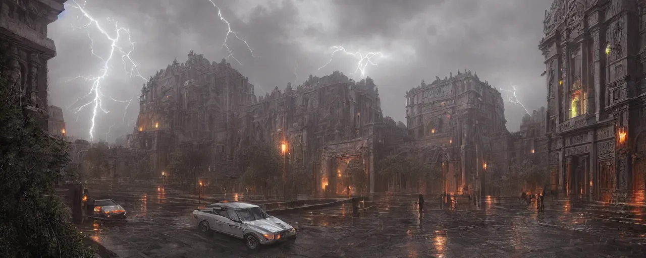 Image similar to Aztec architecture, metal, concrete, mist, rain, night, dramatic lighting, lightning bolt, trending on Artstation, 8k, highly realistic, hyper detailed, unreal engine 5, IMAX quality, photorealistic, cinematic, epic lighting, in the style of Greg Rutkowski