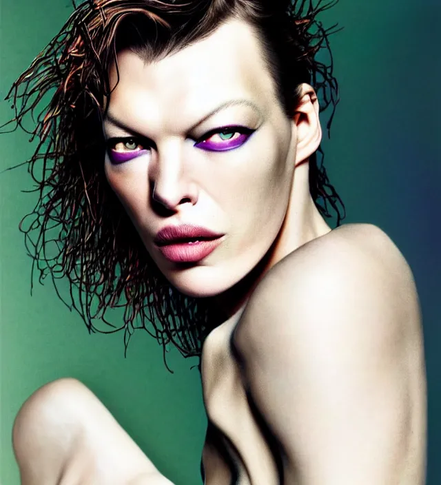 Image similar to photography facial portrait of milla jovovich,, wearing organic futurist clothed designed by iris van herpen, with a subtle colorfull - makeup. sky forest background, natural pose, highly detailed, skin grain detail, photography by paolo roversi, nick knight, helmut newton, avedon, araki