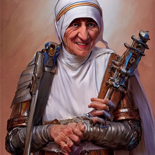 Prompt: Mother Teresa as a fantasy D&D knight, portrait art by Donato Giancola and Bayard Wu, digital art, trending on artstation, 4k