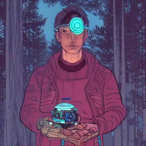 Prompt: Stunning close up of cyberpunk explorer holding his small circular robot friend in his hand, forest in background, highly detailed, by Victo Ngai and James Gilleard , Moebius, Laurie Greasley