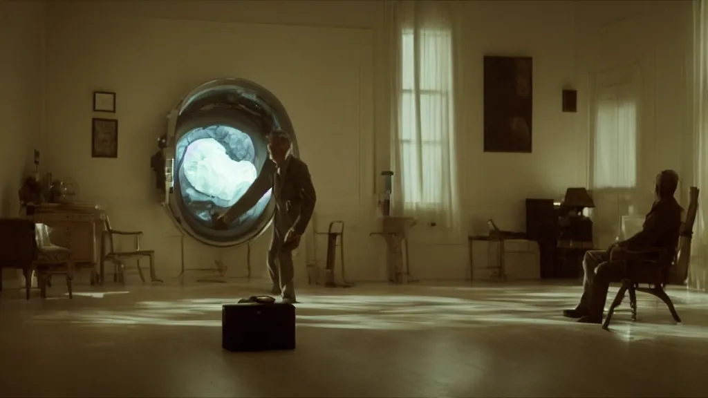 Prompt: an mri slice of james cavell in the living room, film still from the movie directed by denis villeneuve with art direction by salvador dali, wide lens