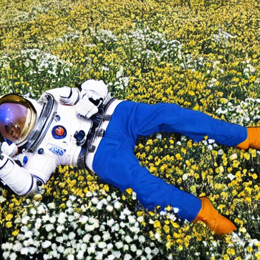 Image similar to an astronaut lying in field of flowers.