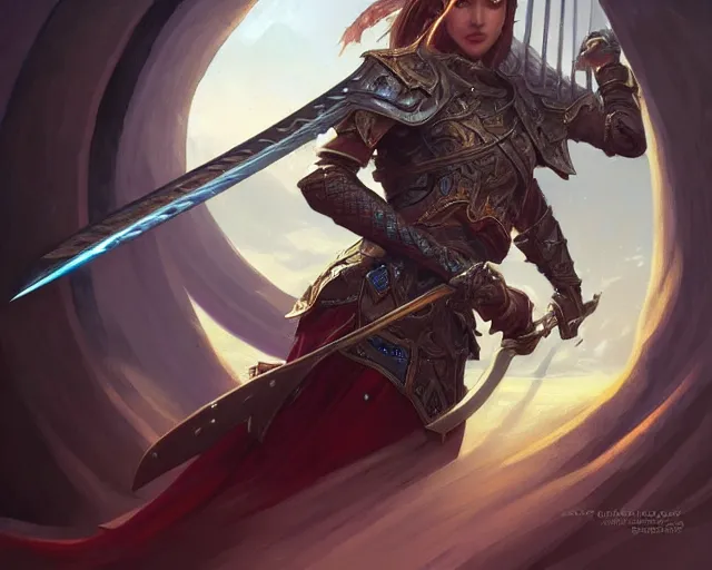 Image similar to sword sword sword sword epic, deep focus, d & d, fantasy, intricate, elegant, highly detailed, digital painting, artstation, concept art, matte, sharp focus, illustration, hearthstone, art by artgerm and greg rutkowski and alphonse mucha