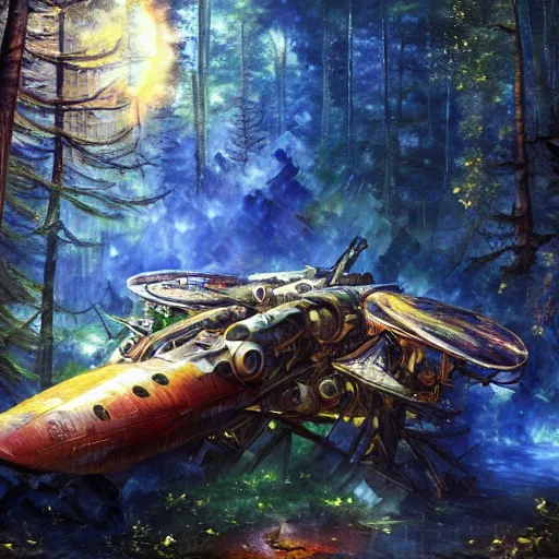 Prompt: crashed spaceship in forest cryengine render by android jones, james christensen, rob gonsalves, leonid afremov and tim white