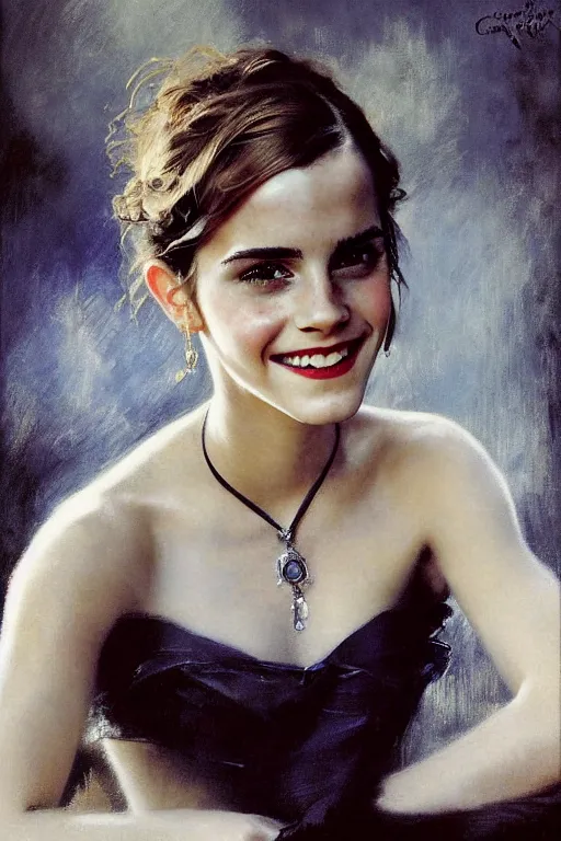 Image similar to emma watson smiling detailed portrait painting by gaston bussiere craig mullins j. c. leyendecker photograph by richard avedon peter lindbergh