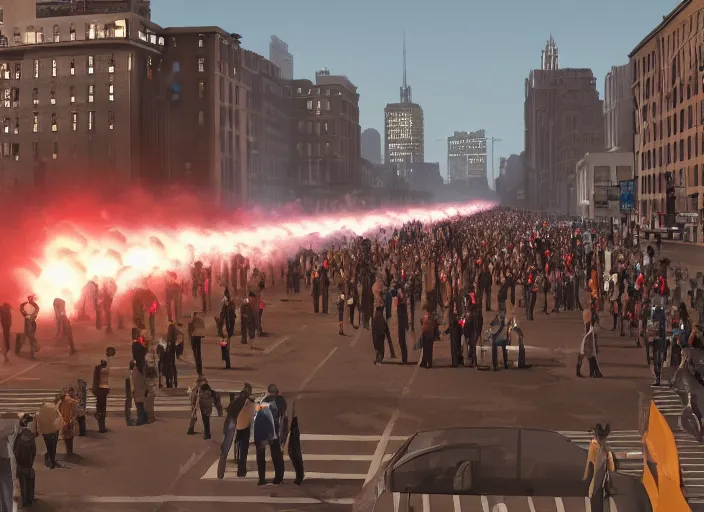 Image similar to crowd of working citizens protests while missles and bombs explode residential buildings, DSLR 35mm, by Edward Hopper and Dan Mumford and WLOP and Greg Rutkovsky, Unreal Engine 5, Lumen, Nanite