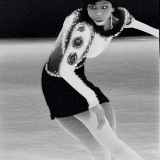 Prompt: a medium full shot, german and eastern european mixture polaroid photograph depicting a black woman with dark brown skin, long, swirling black hair, and jade colored eyes, she is ice skating. she is wearing wearing a ice skating ensemble in 1 9 8 2.