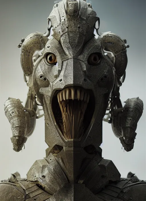 Image similar to hyperrealistic mixed media portrait of an armored humanoid ram creature, stunning 3d render inspired art by Michael Parkes + perfect facial symmetry + dim volumetric lighting, 8k octane beautifully detailed render, post-processing, extremely hyperdetailed, intricate, epic composition, grim yet sparkling atmosphere, cinematic lighting + masterpiece, trending on artstation