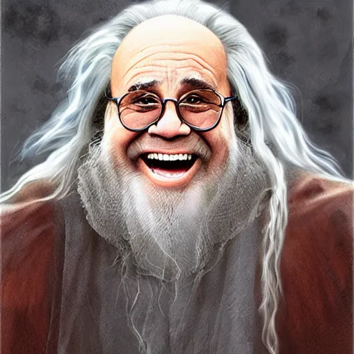 Image similar to danny devito as gandalf, deviantart, smile, ultra realistic illustration, final fantasy, high quality, full color, full body