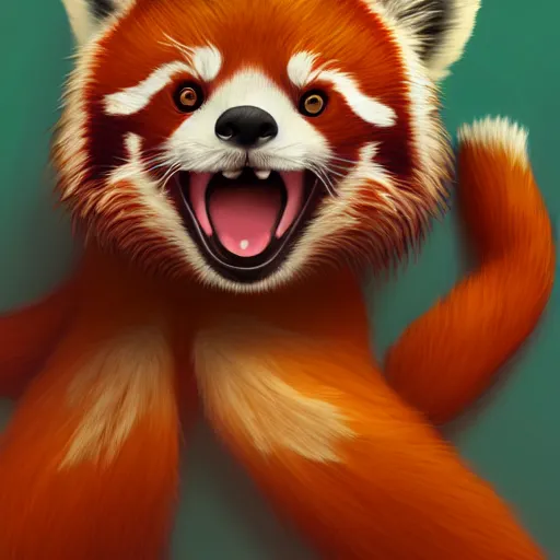 Image similar to commissioned full body portrait of an anthro!! red panda waking up in bed! and yawning, trending on furaffinity,