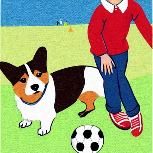 Image similar to illustration of french boy in paris playing football against a corgi, the corgi is wearing a polka dot scarf