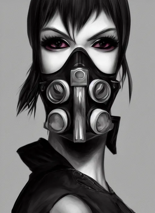 Prompt: face portrait of goth anime girl with black and white hair wearing a gas mask, symmetry, digital painting, trending on artstation and deviantart, epic composition, dynamic, highly detailed, ross draws, wlop, 8 k