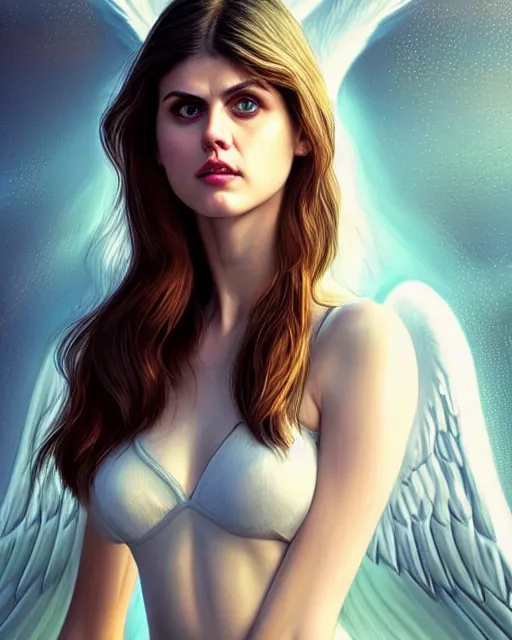 Image similar to Fullbody potrait of Alexandra Daddario as an angel, hyper realistic, prismatic highlights, atmosphere, gorgeous, depth of field, cinematic, macro, concept art, 50mm, artstation, wlop, elegant, epic, weta digital, focus, octane render, v-ray, 8k, kodak portra, art by Liberatore