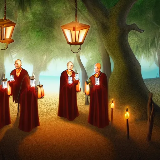 Image similar to A group of Spanish inquisitors holding lanterns on a sandy beach Cove in middle of a magical forest in night, detailed digital art