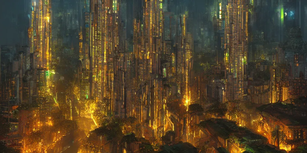 Image similar to Legendary Biringan city at night with tall gilded towers, green lights, populated by Filipino mythological creatures, concept art, artstation