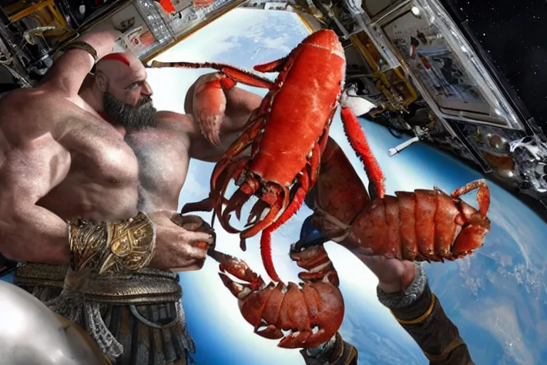 Image similar to kratos from the god of war videogame eating a whole lobster in the international space station