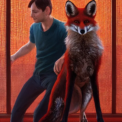 Image similar to tobey maguire and a red fox, intricate, highly detailed, digital painting, artstation, concept art, smooth, sharp focus, illustration, unreal engine 5, 8 k, art by artgerm and greg rutkowski and alphonse mucha