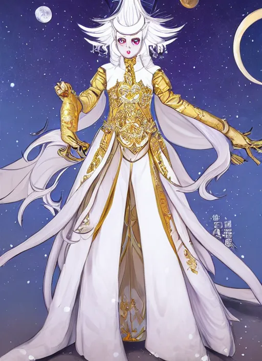 Prompt: commissioned full body portrait of a female anthro werewolf princess fursona with white hair wearing a white and gold Chinese armored dress in a white and gold palace on a starry night with a large crescent moon, by a professional manga illustrator, Stanley Artgerm Lau, WLOP, Rossdraws, James Jean, Andrei Riabovitchev, Marc Simonetti, and Sakimichan, trending on artstation