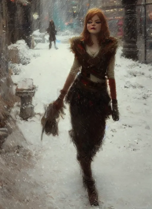 Image similar to emma stone walking into new york building, christmas, artwork by gaston bussiere, craig mullins, trending on artstation