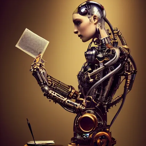 Image similar to a beautiful intricate fine art portrait photo of a a mechanical industrial steampunk cybernetic robot reading a letter held in her hands, by tom bagshaw and zach sutton, perfection!, happiness!!, golden ratio composition, studio lighting, 50mm lens, very detailed, bionic, cybernetic scifi, deep depth of field, artstation, 8K, highly coherent