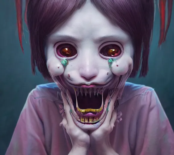 Prompt: an ethereal horror comic book style portrait painting of an extremely cute and adorable creepy nightmarish momo, character design by mark ryden and pixar and hayao miyazaki, unreal 5, daz, hyperrealistic, octane render, cosplay, rpg portrait, dynamic lighting, intricate detail, eerie vibrancy, cinematic