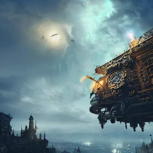 Prompt: a flying steampunk fortress, intricate, behrens style, octane render, fantasy digital art, beautiful composition, trending on artstation, night, meteors, lightning!!! storm, dramatic lighting,