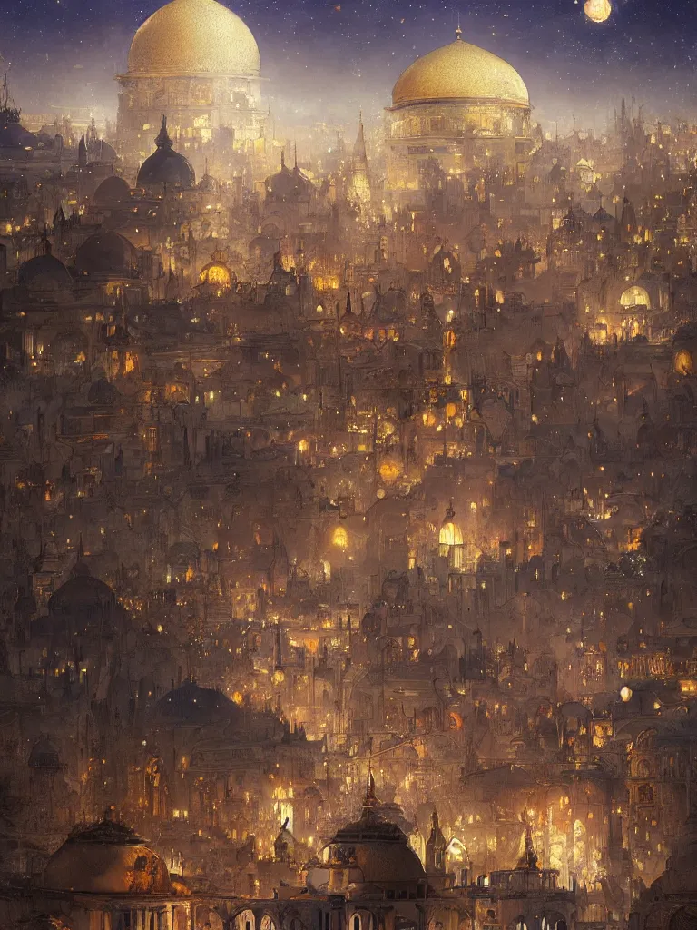 Prompt: a dome - covered city resembling ancient baghdad at night with the sky full of stars, intricate, elegant, highly detailed, digital painting, artstation, concept art, smooth, sharp focus, colored illustration for tattoo, art by krenz cushart and artem demura and alphonse mucha,