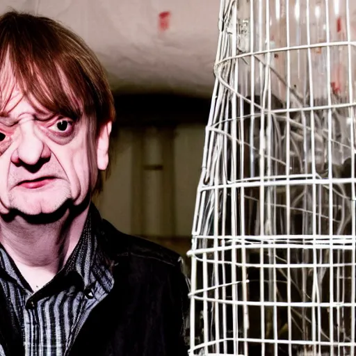 Image similar to mark e smith uncomfortably crouched in a small cage with a sign that says for sale