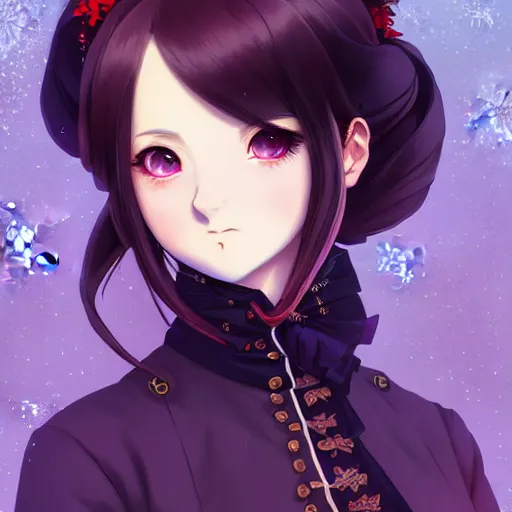 Image similar to wearing full clothing in full clothing victorian dress, beautiful anime woman, purple hair, red eyes, weapon, steampunk, symmetrical face, symmetrical eyes, full round face, short smile, detailed, winter setting, cinematic lighting, medium shot, mid - shot, makoto shinkai, artgerm, ilya kuvshinov, loish